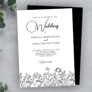 Blumige Elegante Schwarz-Weiß-Wildblumen-Hochzeit Einladung