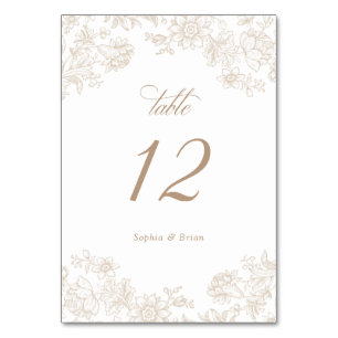 Blumige elegante vintage beige goldene Hochzeit Tischnummer