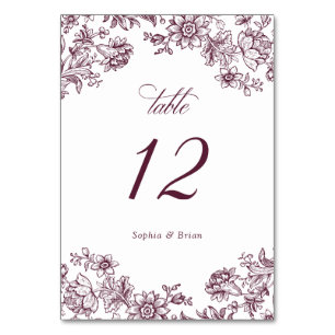 Blumige elegante Vintage-Burgunder-Hochzeit Tischnummer