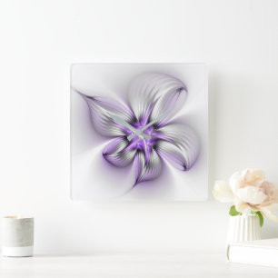 Blumige Eleganz Moderne Abstrakte Violette Fraktal Quadratische Wanduhr