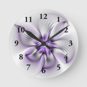 Blumige Eleganz Moderne Abstrakte Violette Fraktal Runde Wanduhr