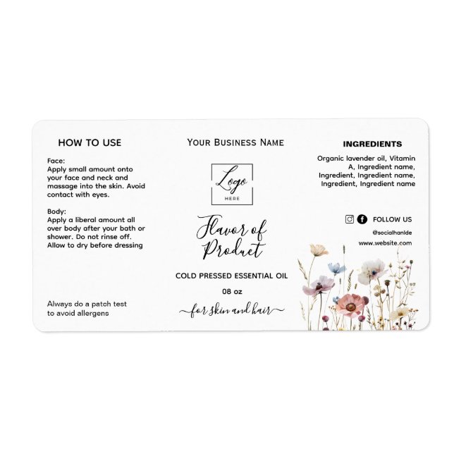 Blumige Flasche für ätherisches Öl mit Logo-Etiket (Vorne)