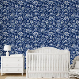 Blumige französische Toile Indigo Blau Vintage Tra Tapete
