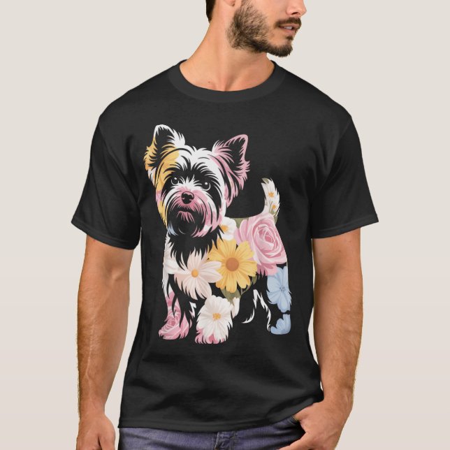 Blumige Frauen Süße Yorkie Hundemutter T-Shirt (Vorderseite)