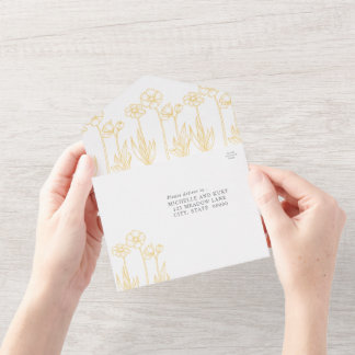 Blumige goldgelbe und weiße Hochzeit All In One Einladung