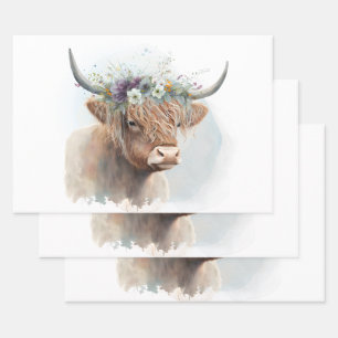 Blumige Highland-Kuh-Watercolor-Decoupage Geschenkpapier Set