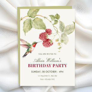 Blumige Himbeeren Kolibri Geburtstag Einladung