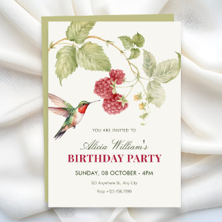 Blumige Himbeeren Kolibri Geburtstag Einladung