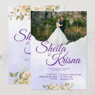 Blumige Hochzeit in lila Eleganz mit Foto Einladung