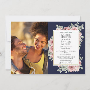Blumige Hochzeit mit Navy Blau und Gold Foto Einladung