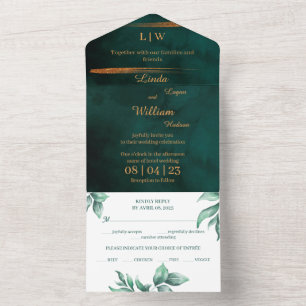 Blumige Hochzeit Tiefes Wasserfarben Dunkelgrünes  All In One Einladung
