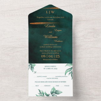 Blumige Hochzeit Tiefes Wasserfarben Dunkelgrünes All In One Einladung