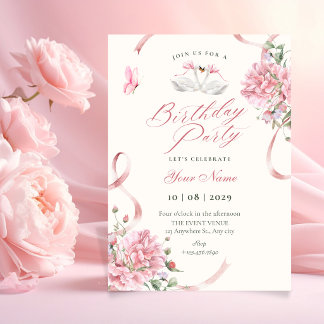 Blumige Kokette Rosa Schleife Vintage Geburtstag Einladung