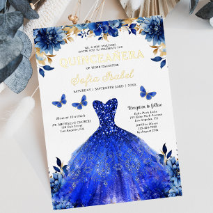 Blumige königliche blaue Schmetterlings-Prinzessin Folieneinladung