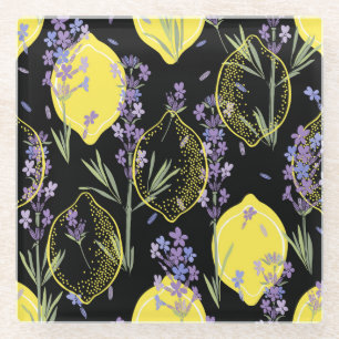 Blumige Lavendel-Limonen Vintage-Illustration Glasuntersetzer