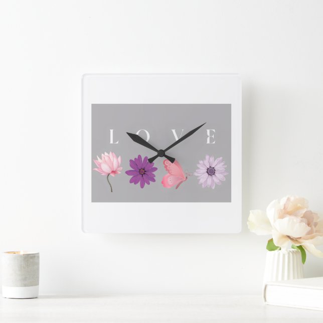Blumige LIEBE Romantische Botanische Geschenke für Quadratische Wanduhr (Zuhause)