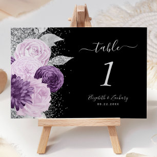 Blumige lila silberne Glitter-Hochzeit Tischnummer