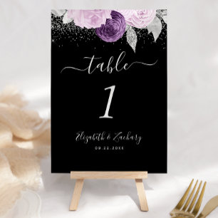 Blumige lila silberne Glitter-Hochzeit Tischnummer