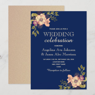 Blumige Rose Gold Navy Hochzeit Einladung