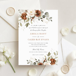 Blumige Rost Ivory Weiße Grünpflanzen Hochzeit Einladung