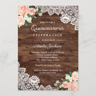 Blumige Rustikale Holzspitze Quinceanera-Einladung Einladung