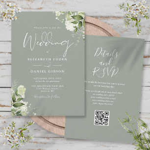 Blumige Salbei-Grün QR-Code-Hochzeit Einladung