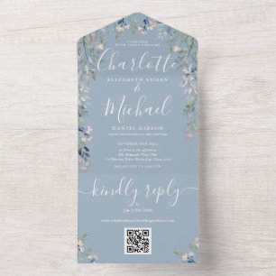Blumige Schrift QR-Code Dusty Blue Hochzeit  All In One Einladung