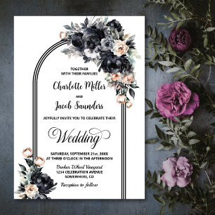 Blumige schwarze Bogen-Hochzeit Einladung