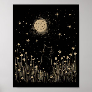 Blumige schwarze Katze Mond Halloween Cottagecore Poster