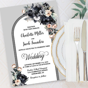 Blumige schwarze und graue Bogen-Hochzeit Einladung