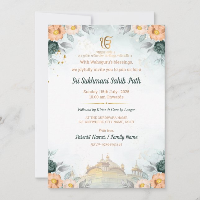 Blumige Sri Sukhmani Sahib Path Einladung (Vorderseite)