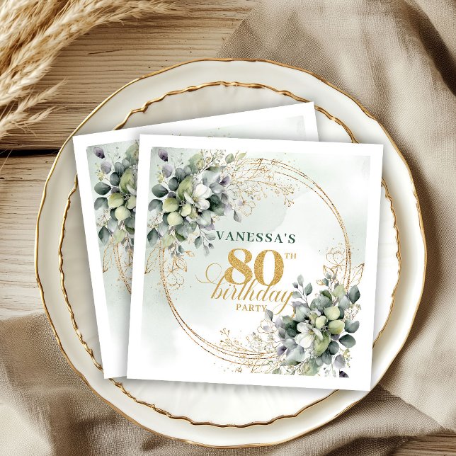 Blumige staubgrüne Blätter 80. Geburtstag Serviett Serviette (Floral Dusty Green Foliage 80th Birthday Napkins)