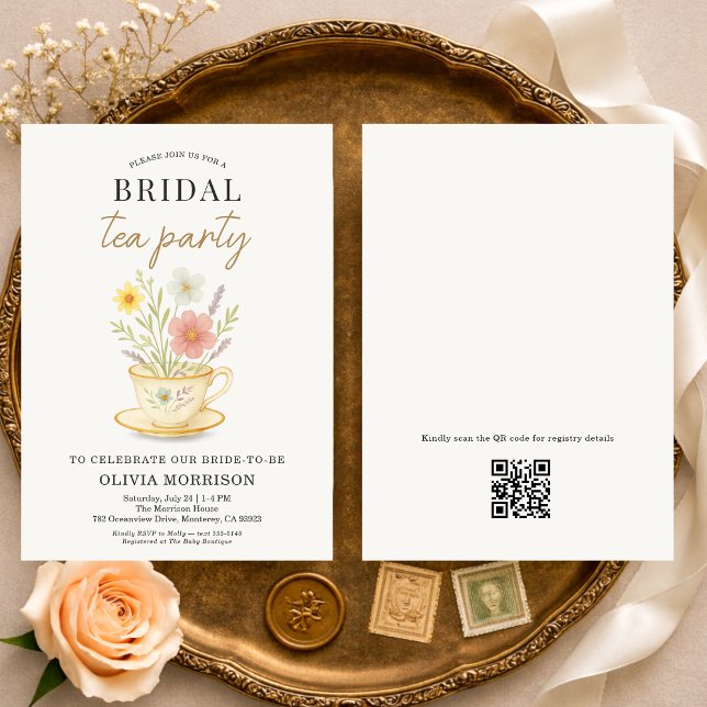 Blumige Teeparty-QR-Code-Brautjunggesellinnenabsch Einladung (Von Creator hochgeladen)