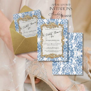 Blumige Vintage Elegante Blaue Goldene Hochzeitsdu Folieneinladung