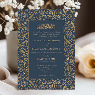 Blumige Vintage Gold & Navy Blau Islamische Hochze Einladung