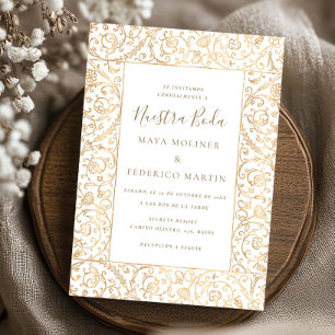 Blumige Vintage Gold & Weiß Nuestra Boda Hochzeit Einladung