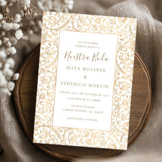 Blumige Vintage Gold & Weiß Nuestra Boda Hochzeit Einladung