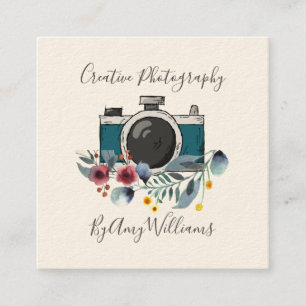 Blumige Vintage-Handzeichnung Kamera Fotografie Quadratische Visitenkarte