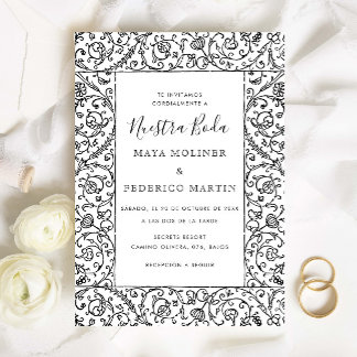 Blumige Vintage-Hochzeit Black & White Nuestra Bod Einladung