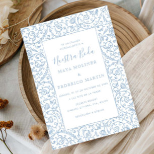 Blumige Vintage Staubblau Nuestra Boda Hochzeit Einladung
