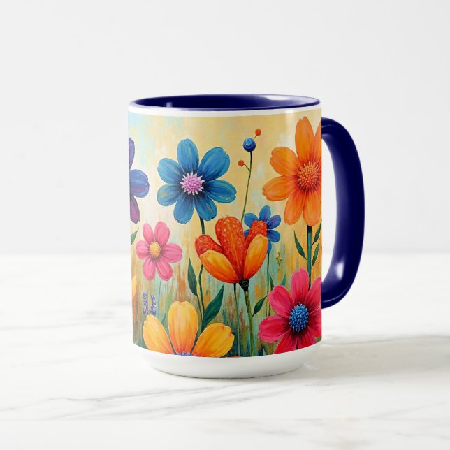 Blumige Volkskunstillustration Tasse (VorderseiteRechts)