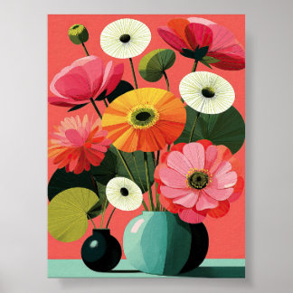 Blumige Wandkunst im Mid-Century-Stil mit Korallen Poster