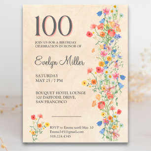 Blumiger 100. Geburtstag – Elegante Wildblumen Einladungspostkarte