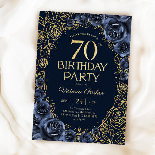 Blumiger 70. Geburtstag Navy Blau Gold Einladung