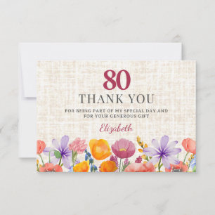Blumiger 80. Geburtstag - Elegante Gartenparty Dankeskarte