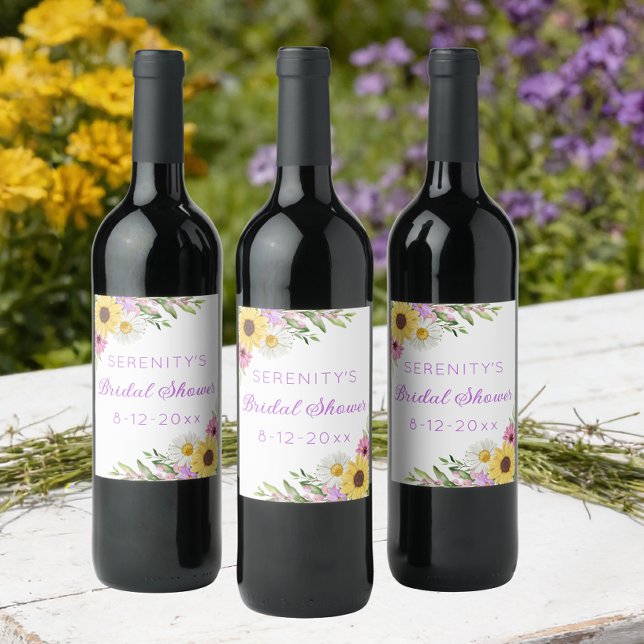 Blumiger Boho Sonnenblumen Gänseblümchen Brautdusc Weinetikett (Von Creator hochgeladen)