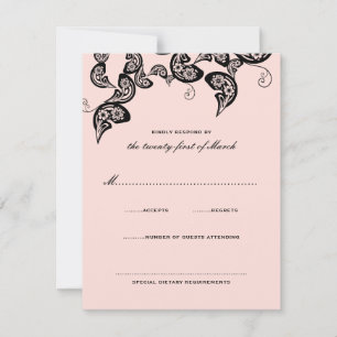 Blumiger Chic Pfau Schwarz Rosa Hochzeit RSVP Kart Karte