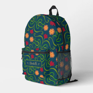 Blumiger Damast Sonnenblume Boho Marineblau Volksk Bedruckter Rucksack