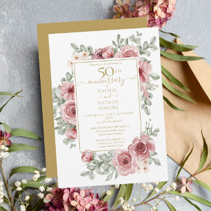 Blumiger Dusty Rose 50. goldene Hochzeit Einladung