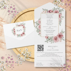Blumiger Dusty Rose Gold Geometrischer QR-Code Hoc All In One Einladung